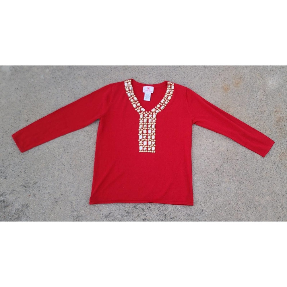 Vtg Quacker Factory Jeweled Holiday V-neck Sweater